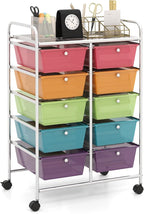 HAPPYGRILL 10-Drawer Rolling Storage Cart, Storage Organizer Cart with Lockable Wheels, Beauty Salon Movable Utility Cart for School, Office, Home, (Clear Colorful)