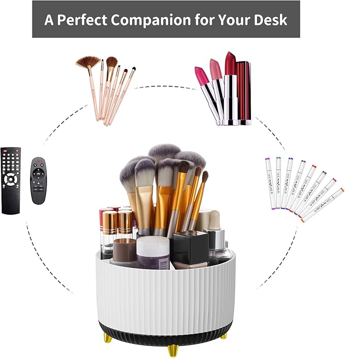 Marbrasse Desk Organizer, 360-Degree Rotating Pen Holder, Desk Organizers and Accessories with 5 Compartments Pencil Holder, Art Supply Storage Box Caddy for Office, Home (White+Black)