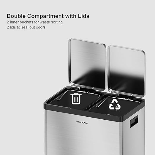 SolaceCove Kitchen Trash Can, 2 x 5.3 Gallon Garbage Can for Kitchen, Dual Compartment Recycling Trash Can, Trash and Recycle Bin Combo, Stainless Steel, Soft-Close Lid, Fingerprint Proof
