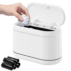 PAVSTINE Mini Trash Can for Desk with 5 Rolls of Trash Bags, Small Press-Top Countertop Garbage Bin, Removable Waste Basket for Bedroom, Vanity, Coffee Table, Kitchen (White Full-Lid)