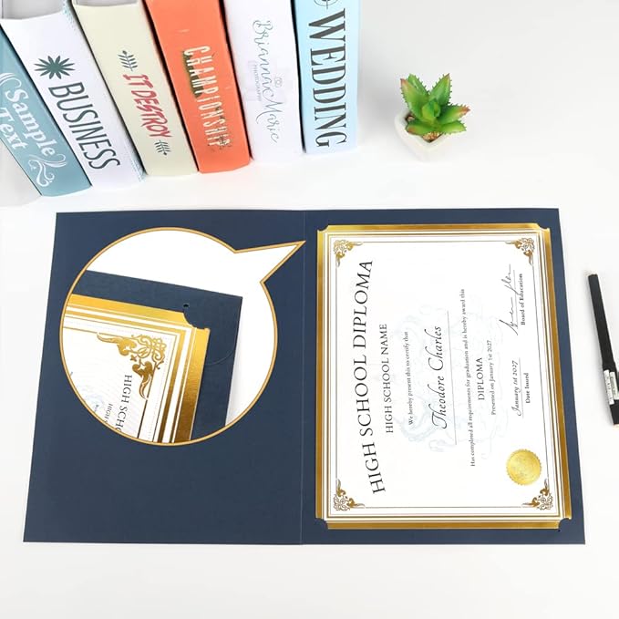 SUNEE 10 Packs Navy Blue Certificate Holders, 250gsm, for 8.5x11 Award Certificates, Certificate Covers with Gold Foil Border
