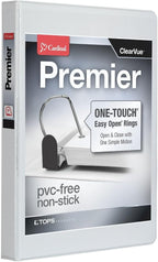Cardinal 3 Ring Binder, 1 Inch Premier Easy Open Binder, ONE-Touch Locking Slant-D Rings, 250-Sheet Capacity, ClearVue Cover, PVC-Free, White (10300CB)