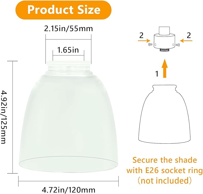 Eidonta 4 Pack Clear Glass Shade Replacements, Bell Shaped Glass Shade Covers for Ceiling Fan Light Fixture, 4.92"High, 4.72"Diameter, 1.65 "Fitter, High Transmittance Globe Lampshades for Vanity