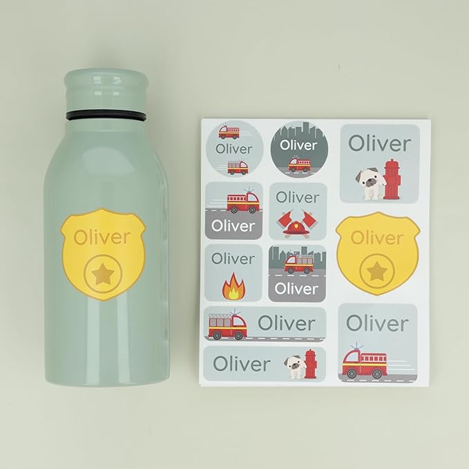 Large Name Labels for Kids (33) - Custom Stickers for Daycare and School Supplies - Durable, Waterproof Stickers for Water Bottles, Lunch Boxes, and More with Unique Designs - Fire