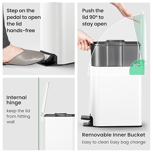 Cesun Small Bathroom Trash Can with Lid Soft Close, Step Pedal, 6 Liter / 1.6 Gallon Stainless Steel Slim Garbage Can for Bedroom, Diaper Waste Basket with Removable Inner Bucket (White)