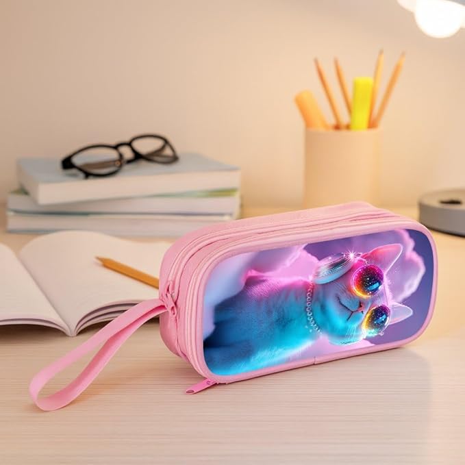 HiGaits Pencil Case for Boys,Multi-Slot Large Capacity Pencil Pouch with Soft Zipper, Durable Pen Box Pink Cat