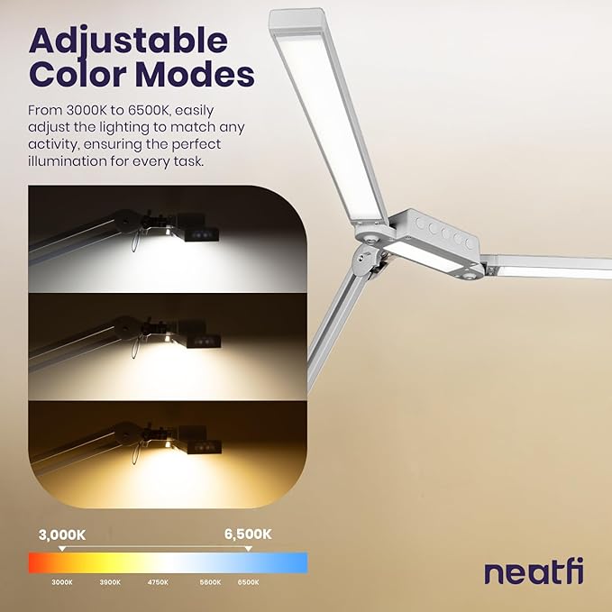 Neatfi LED Desk Lamp, Dimmable Desk Light with 360 SMD LEDs, 30W, CRI 95, Adjustable Color Temperature, Task Lamp for Home, Office, and Workbench (CCT, Silver, 41 Inches)
