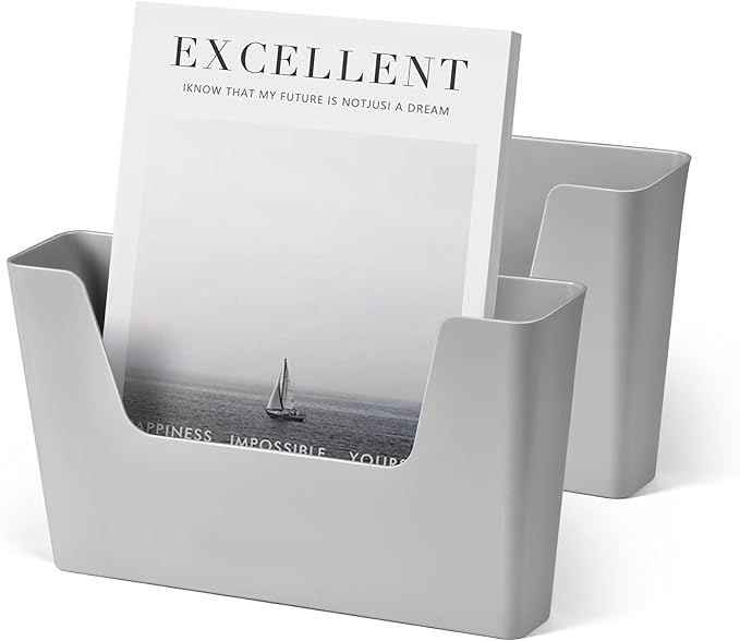 YOHOM No Drilling File Holder Wall Mails Magazines Organizer Adhesive Door Mount, Single Pocket, (White 1) (GREY, 2 PCS)