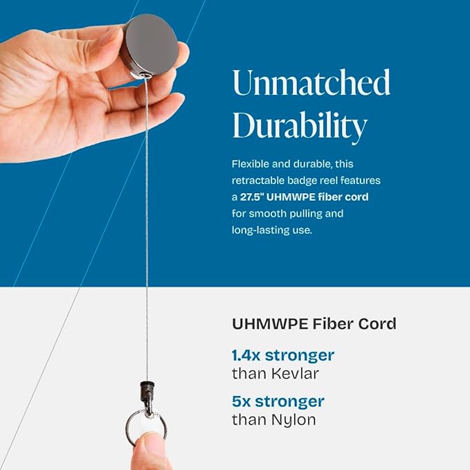 Will Well ID Badge Holder Reel with Clip and Keyring - Heavy-Duty All-Metal Casing with 27.5" UHMWPE Fiber Pull Cord for Durability and Easy Access, Holds up to 8 Keys - 4-Pack, Round, Glossy Black