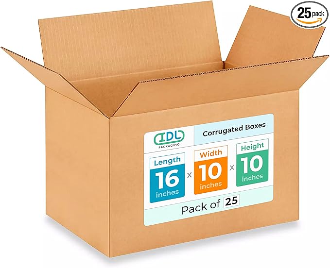 Medium Shipping & Moving Boxes 16"L x 10"W x 10"H (25-Pack) - Extra Strength 200 lb vs Regular - Corrugated Durable Packing Boxes for Moving - Medium Cardboard Box - Cardboard Box by IDL Packaging