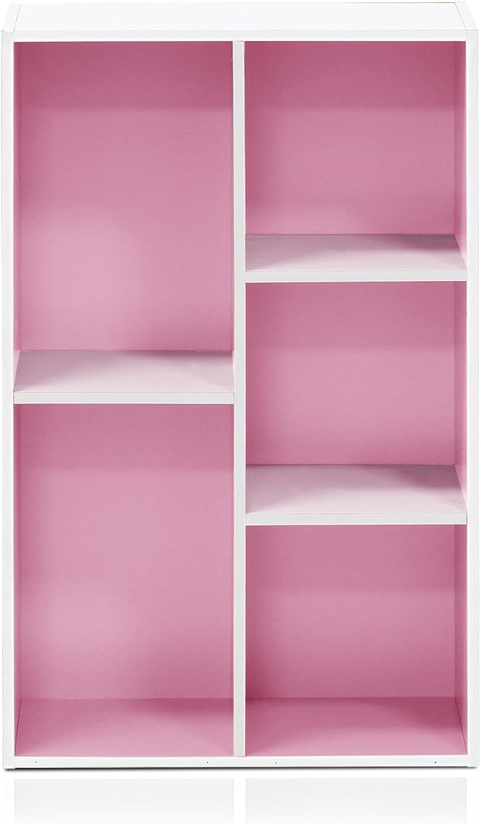 Furinno LUDER Book Shelf, 5-Cube Bookshelf, Reversible Bookcase, 9.4 x 19.5 x 31.5, for Living Room, Bedroom, Home Office, White/Pink