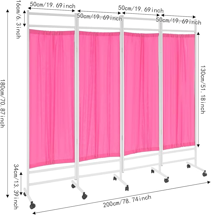 Medical Privacy Screens, Waterproof Nylon Fabric, 78.7 * 70.9 in Foldable Rolling Medical Privacy Screen with Silent Wheels, Suit for Hospitals, Clinics, and Nursing Homes (Pink, 4 Panels)