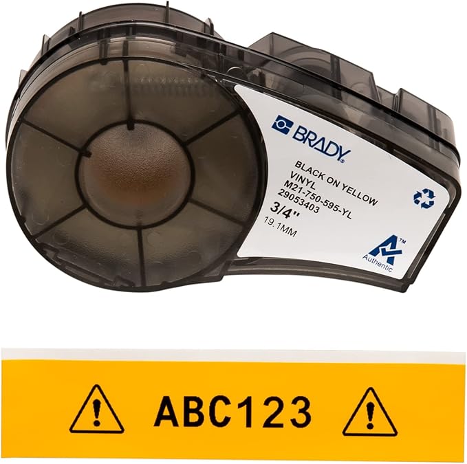 Brady Authentic (M21-750-595-YL) All-Weather Vinyl Label for Indoor/Outdoor ID, Lab and Equipment Labeling, Black on Yellow- For M210, M210-LAB, M211, BMP21-PLUS and BMP21-LAB Printers, .75" W 21' L