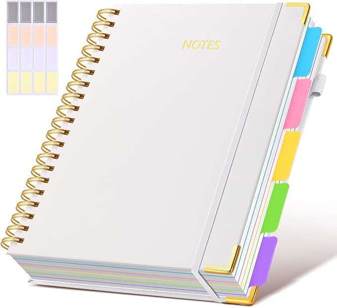 Hardcover Spiral Notebook 8.5"x11" Journal with Removable Dividers Tabs, 300 Pages Leather 5 Subject Notebook College Ruled, Large Notebooks for Work School, Lined Journal for Women, A4 White