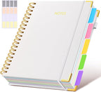 Hardcover Spiral Notebook 8.5"x11" Journal with Removable Dividers Tabs, 300 Pages Leather 5 Subject Notebook College Ruled, Large Notebooks for Work School, Lined Journal for Women, A4 White