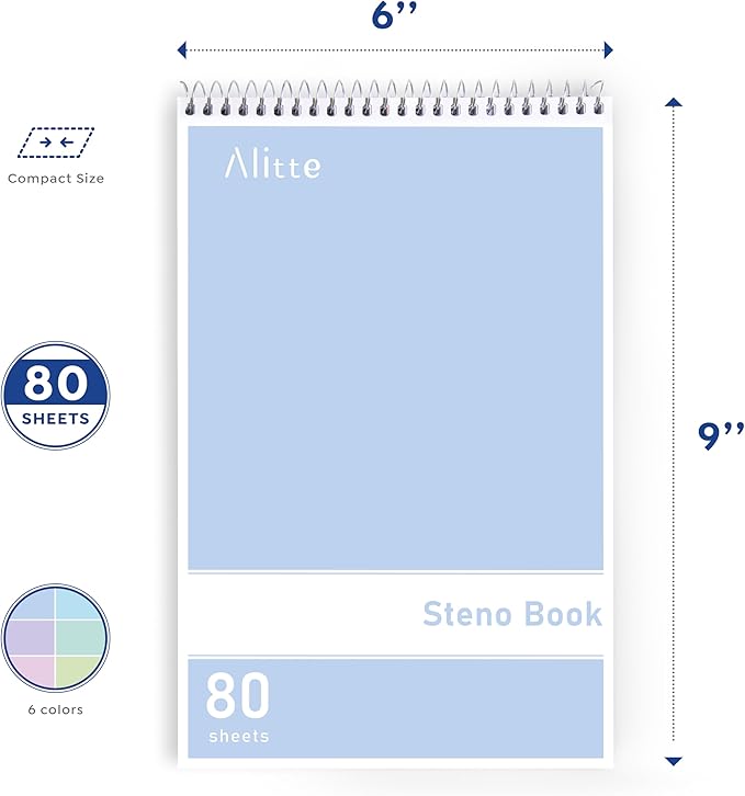 Alitte Steno Pads Spiral 6x9-12 Pack Pastel Colors - Perfect for Work, School, and Home Use, Easy Tear-Off Pages, Gregg ruled, White Paper - No Ink Bleeds - 80 Sheets