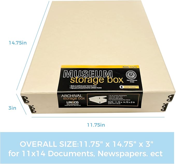 Lineco Museum Archival Storage Box, 11.75x14.75x3 in. Drop Front Design. Acid-Free with Metal Edge. Organize Photos, Pictures, Prints, Documents, Crafts, DIY. Tan, 1 Pack