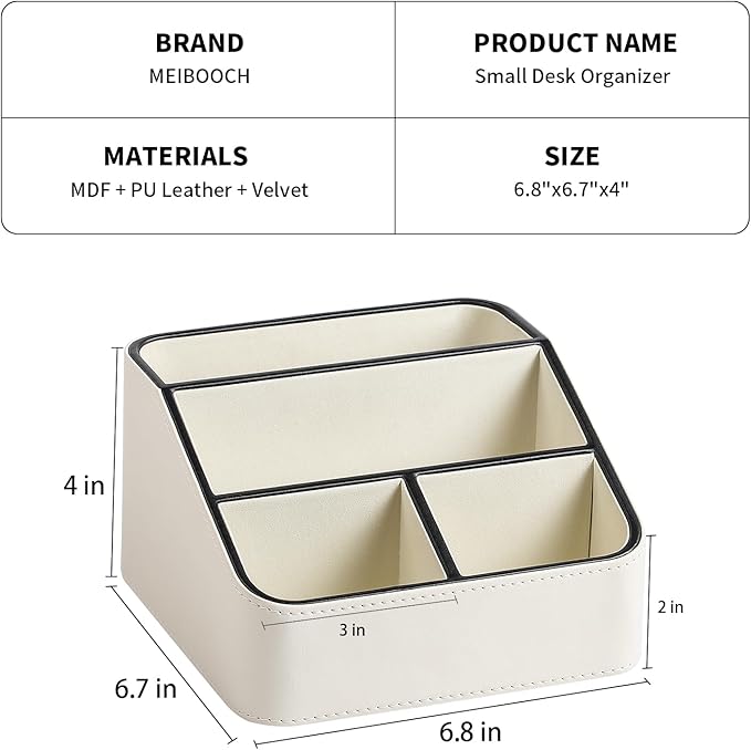 MEIBOOCH Remote Control Holder, PU Leather Small Desk Organizer with 4 Compartments, Nightstand Organizer Desk Caddy for Remote, Notepad, Phone, Glasses, and Accessories (Cream)