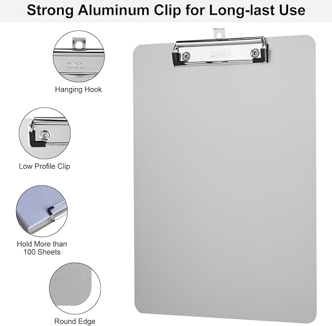 ZCZN Metal Clipboards, 2 Pack Heavy Duty Aluminum Clipboards 12 x 9 Inches, A4 Letter Sizer Document Holder with Low Profile Clip, Suitable for School, Office, Jobsite or Medical Staff, Silver