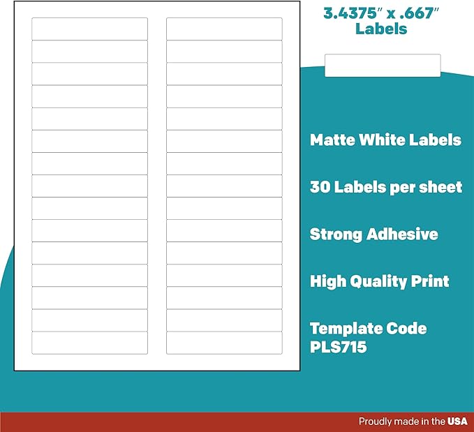Premium Label Supply White File Folder Labels – 3.4375" x .667" – Laser/Inkjet Compatible – (30 per Sheet), 1000 Sheets - 30,000 Total Adhesive Stickers