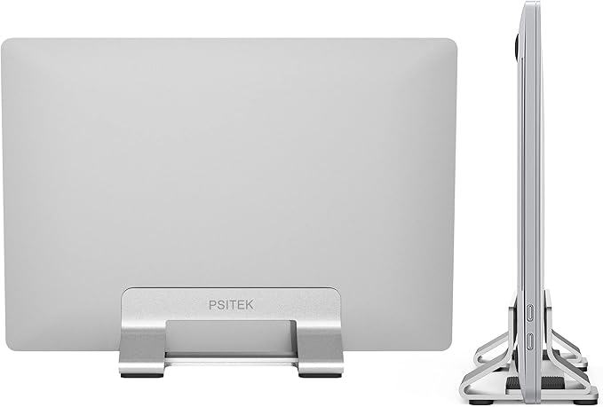Psitek Aluminum Vertical Laptop Stand Dock Holder, Adjustable Slot Width 12-42mm, Space-Saving Upright Storage for MacBook and Laptops