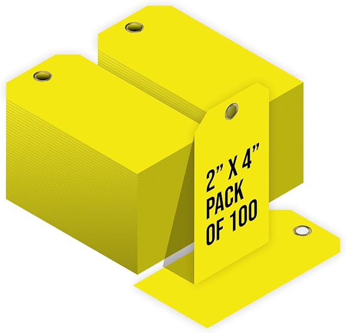 Tags 4 Less 15 Mil Waterproof Plastic Tags, Pack of 100 – 2” x 4” Heavy Duty Plastic Tags for Labeling, Outdoor Tagging, Equipment Labeling, Luggage, Valves & More (Yellow)
