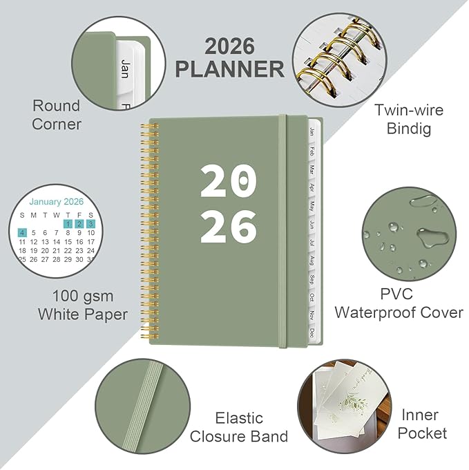 2026 Planner - Planner 2026 from January 2026 to December 2026 with 12 Monthly Tabs, Flexible Cover, Inner Pocket, 8.5" x 11", Green-A