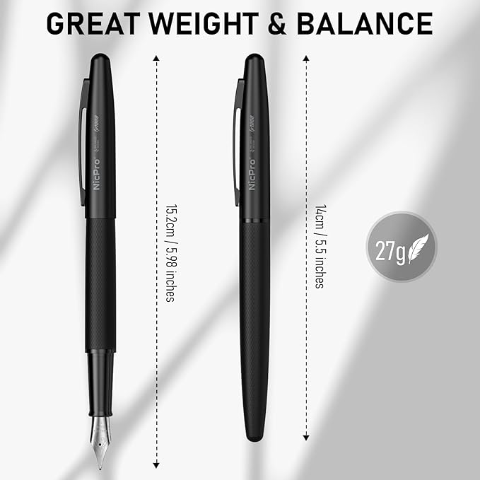 Nicpro Fountain Pen Set with Box, Classic Black Fancy Pen with Converter, 0.38mm Extra Fine Nib Smooth Writing Calligraphy, Office, Business, Luxury Pen