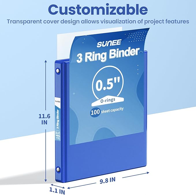 SUNEE 3 Ring Binder 1/2 Inch 1 Pack, Clear View Binder Three Ring PVC-Free (Fit 8.5x11 Inches) for School or Office Supplies, Cobalt Blue