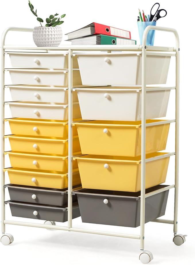 GLACER 15 Drawers Rolling Cart, Storage Cart with w/Removable Drawers & Steel Frame, Multipurpose Organizer Cart w/Sleek Handle, Utility Cart on Lockable Wheels for Home, School, Office (Yellow)