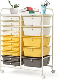 GLACER 15 Drawers Rolling Cart, Storage Cart with w/Removable Drawers & Steel Frame, Multipurpose Organizer Cart w/Sleek Handle, Utility Cart on Lockable Wheels for Home, School, Office (Yellow)