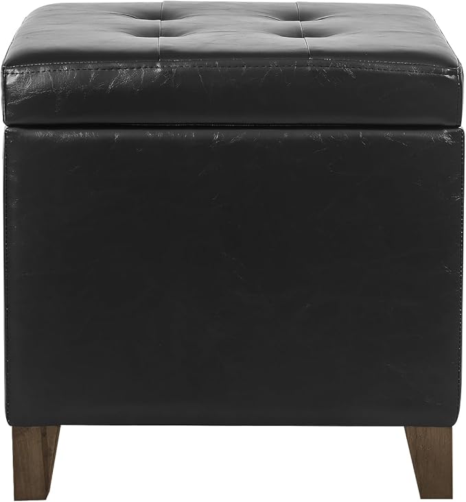 Adeco Black Faux Leather Storage Ottoman Bench with Solid Wood Legs, 18.8" Square Black PU Cube Foot Stool, Upholstered Button Tufted Vanity Chair with Hinged Lid for Living Room, Bedroom, Dorm