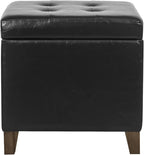 Adeco Black Faux Leather Storage Ottoman Bench with Solid Wood Legs, 18.8" Square Black PU Cube Foot Stool, Upholstered Button Tufted Vanity Chair with Hinged Lid for Living Room, Bedroom, Dorm