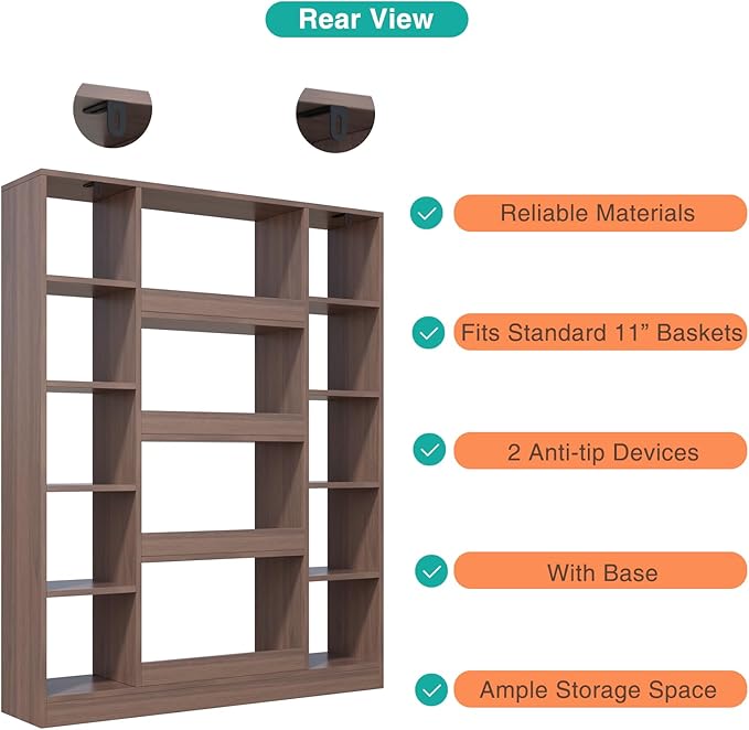 OSCHF Cube Storage Bookcase with Base - Large Wooden Bookshelf with 10 Open Cubes and 4 Shelves for Home and Office, Freestanding Organizer, Walnut