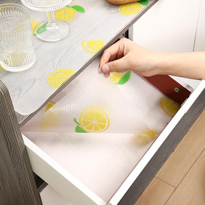 Lemon Print Shelf Liner with Green Leaf – Non-Adhesive Waterproof Drawer and Cabinet Liner – Decorative Kitchen Shelf Paper for Pantry, Closet, Cupboard, Countertop