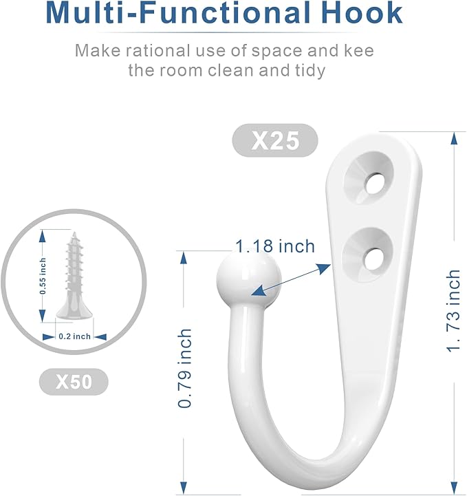 ZAYBOD 25PCS Wall Hooks | Hooks for Hanging | Wall Hooks for Hanging | Coat Hooks | Hooks for Hanging Heavy Duty | Wall Hangers with 50 Pieces Screws（White）