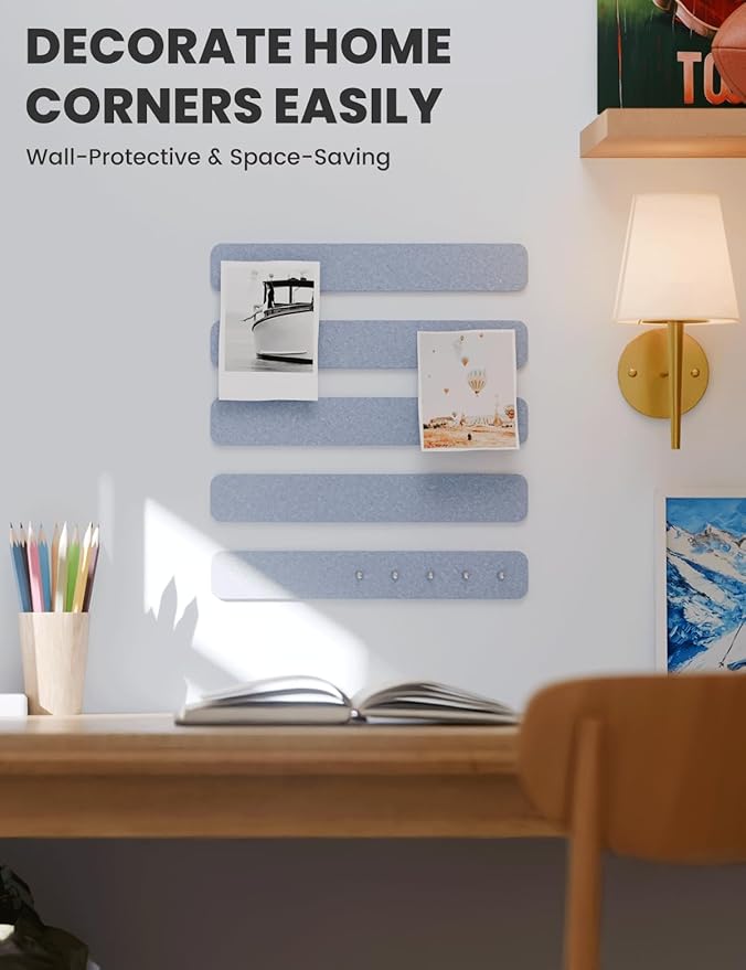 Fluxynara Cork Board Alternative Felt Strip Board 5-Pack 13"x2", Office Pin Board with 35 Push Pins, Adhesive Install for Bedroom Door & Home Office(Soft Periwinkle)