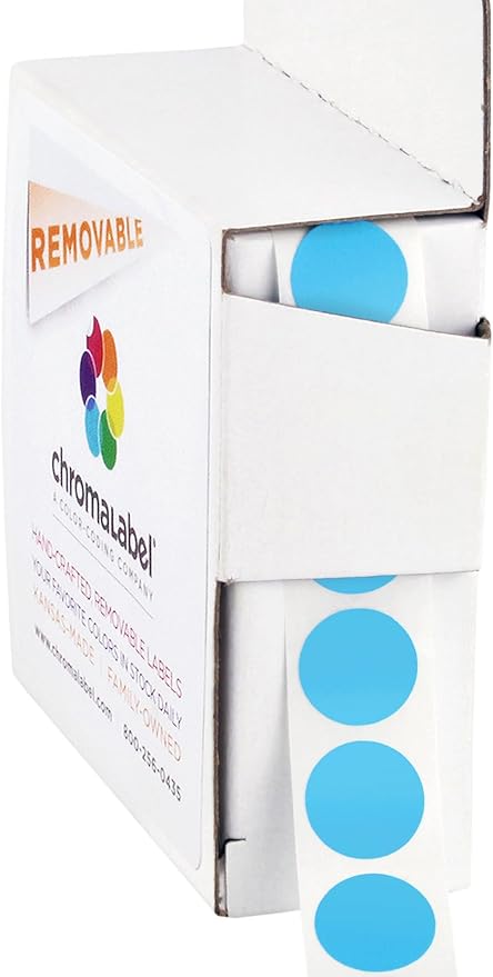 ChromaLabel 1/2 Inch Circle Sticker Labels, High Visibility Round Colored Stickers, Removable Sticky Dots - 1000 Color Coding Stickers per Dispenser Box, 1000 Light Blue Dots
