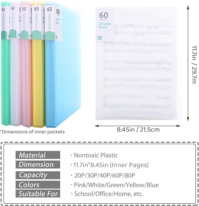 Phyxin 60-Pocket Portfolio Binder Organizer, Binder Sheet Protectors 8.5" x 11", Displaying 120 Page Plastic Folders for Documents, Document Organizer for Concert, Artwork, School & Office Use, 5 Pack