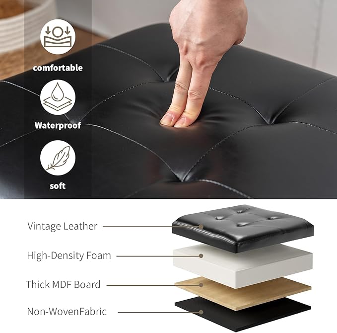 Asense 17 Inch Storage Ottoman Foot Rest,Square Faux Leather Foot Stool,Small Ottoman with Storage,Padded Seat for Entryway,Living Room,Bedroom,Couch,Under Desk,Black