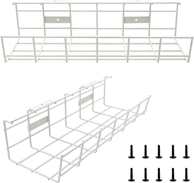 COYACOOL Under Desk Cable Tray - 2 Pack Cable Raceway for Wire Management. Metal Wire Organizer for Office, Studio and Home. Super Sturdy Cord Organizer for Desk - White Cable Management Under Desks