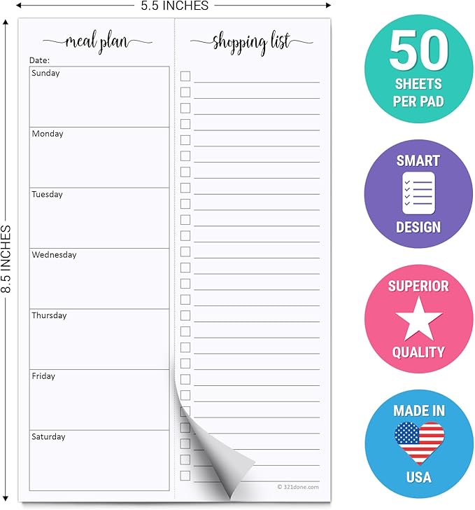 321Done Meal Planning Notepad - 50 Sheets (5.5x8.5) - Perforated Weekly Meals Planner Shopping List Menu Groceries Grocery List, Tear Off Memo Pad - Made in USA - Simple Script