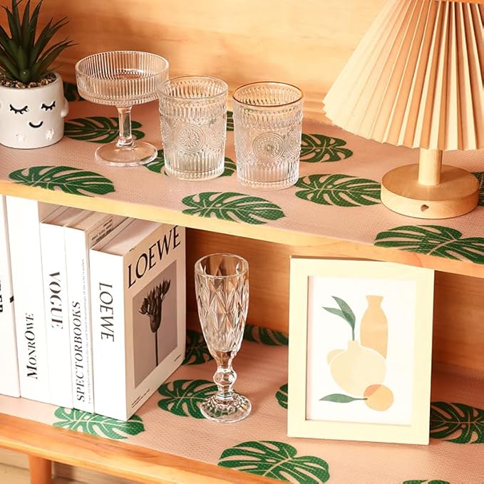 Monstera Shelf Liner for Drawers and Cabinets - Non Adhesive Waterproof Washable Cabinet Liner, Decorative Tropical Leaves Contact Paper for Kitchen Shelves, Pantry, Closet, Fridge