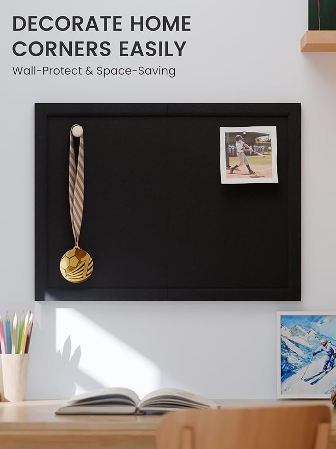 Fluxynara Foldable Cork Board Alternative, Felt Bulletin Board 24" x 18" Black Frame with 16 Adhesive Tabs, Pin Board for Home Office, Classroom, Entryway, Kitchen Wall Decor—Black