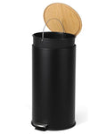 8 Gallon (30L) Step Trash Can with Soft-Close Bamboo Lid – Fingerprint-Resistant Stainless Steel, Removable Inner Bucket, Slim Round Indoor Garbage Bin for Kitchen, Bathroom, Office – Black