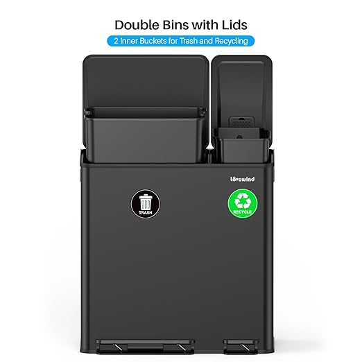 Dual Trash and Recycling Bins for Kitchen, 13.2 + 5.2 Gal (50+20L) Stainless Steel Trash and Recycle Bin Combo with Soft-Close Lid, Large Garbage Cans for Kitchen Home with 2 Magnets Sticker, Black