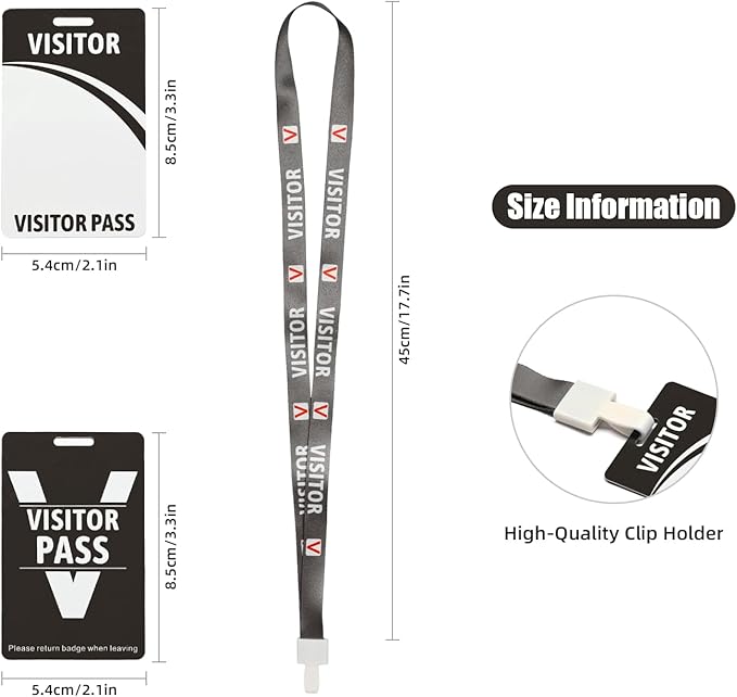 Visitor Badge Lanyards Volunteer Badge Holder with Clips (25 pcs) - Reusable Temporary ID Pass for Office, School, Events PVC Plastic Security Cards for Exhibition Guest by OSTENBIG (Black)