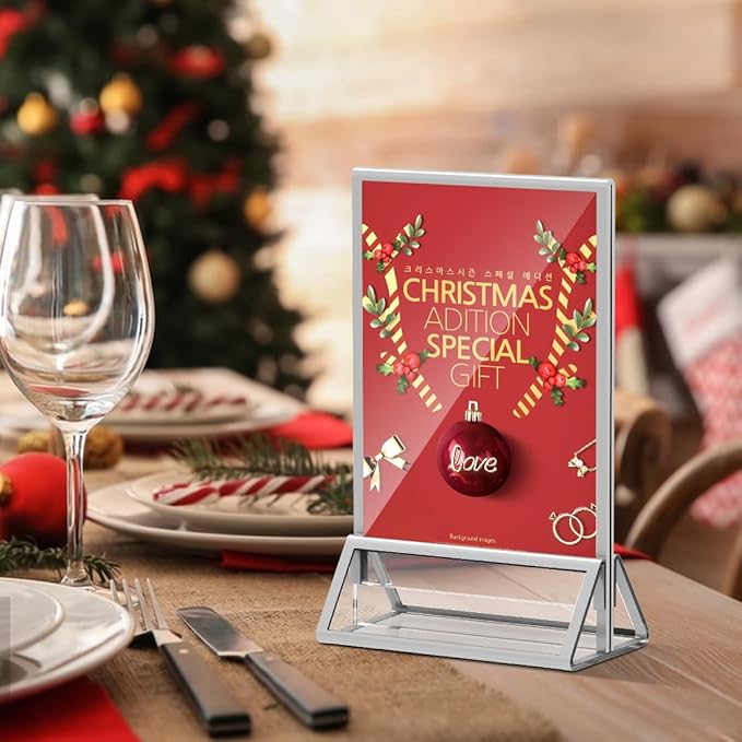 PPH-Sisy Clear Acrylic Sign Holder 4X6 with Silver Borders Display Stand, Double Sided Acrylic Picture Frames Plastic Sign Holder for Wedding Table Numbers Menu Holder (6 Pack)