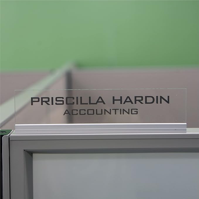 Printex Design - Personalized Office CUBICLE Name Plate & Sign. Modern Aluminum Holder - 4 Plate Colors (Clear See Through)