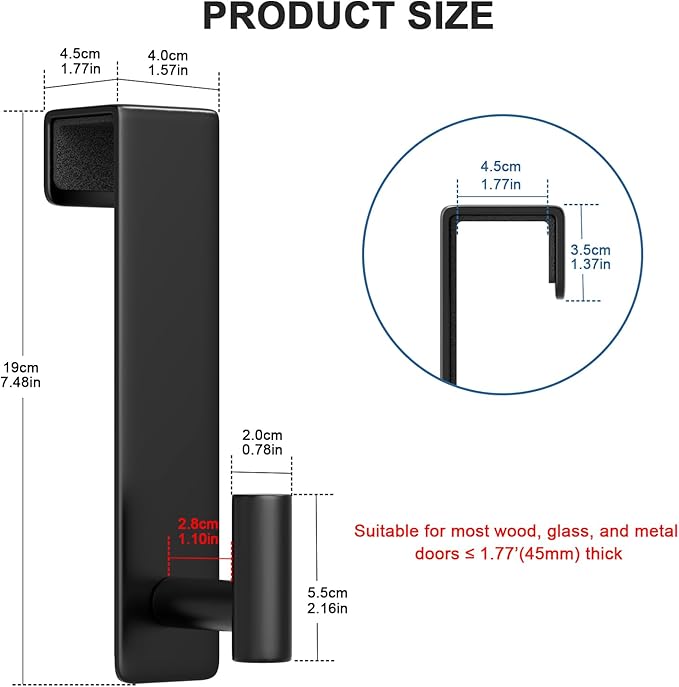 PMMASTO 2-Pack Over The Door Hooks - Rustproof Stainless Steel Door Hangers for 1-3/4 Inch Doors, Non-Marking and Tool-Free Easy Install (Black, T Shape-Fits 1-3/4" Thick Door)